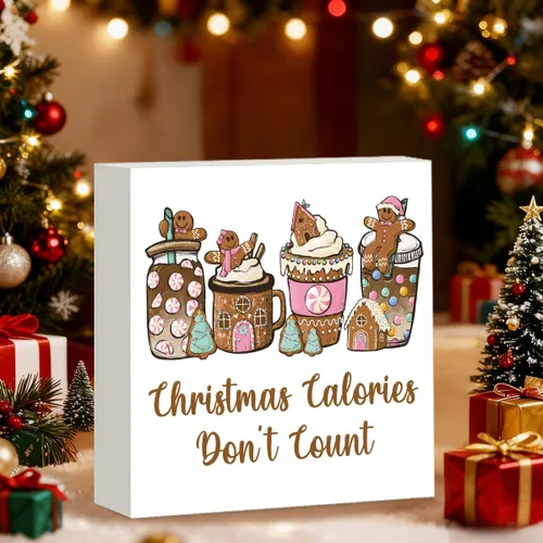 Vista 3 de Decoración navideña de cafetería, decoraciones navideñas divertidas retro, lazo rosa, letrero de calorías de pan de jengibre, regalo para mujeres