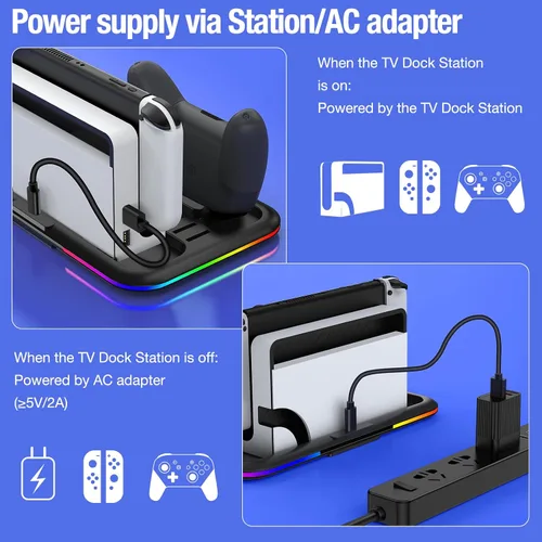 Vista 7 de AXYBCOOL RGB Switch Charger Dock for Nintendo SwitchSwitch LiteOLEDSwitch Charging Stand with 8 Games Storage for Switch Pro Controller Joycons