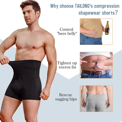 Vista 3 de TAILONG Pantalones cortos con control de abdomen para hombre, cintura alta, adelgazante, moldeador, sin costuras, cintura para el vientre