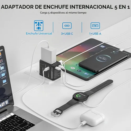 Vista 5 de Adaptador de viaje universal 75W GaN, adaptador de corriente internacional