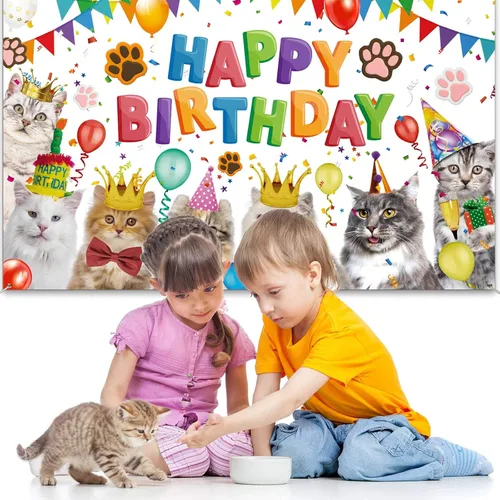 Vista 6 de Tatuo Telón de fondo de feliz cumpleaños de 5.9 x 3.6 pies, decoración de cumpleaños de gato, temática de gatito, fondo de fotos, fondo
