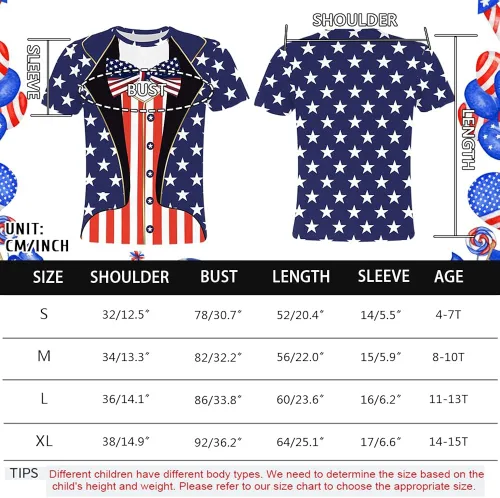 Vista 6 de Eciodci Camisetas patrióticas para niños y niñas del 4 de julio con la bandera de Estados Unidos de América de manga corta para niños y niñas de 4 a