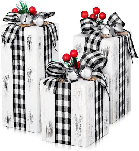 Vista 11 de 3 piezas de caja de regalos de madera de Navidad, decoración de centros de mesa de regalos a cuadros navideños, decoración de bandeja escalonada