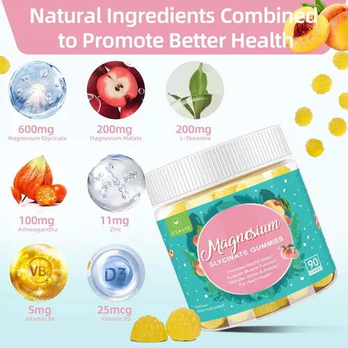 Vista 4 de 90 Count Magnesium Glycinate Gummies 600 mg - Sugar Free Magnesium Supplement for Adults with Glycinate & Malate, L-Theanine, Ashwagandha, Zinc