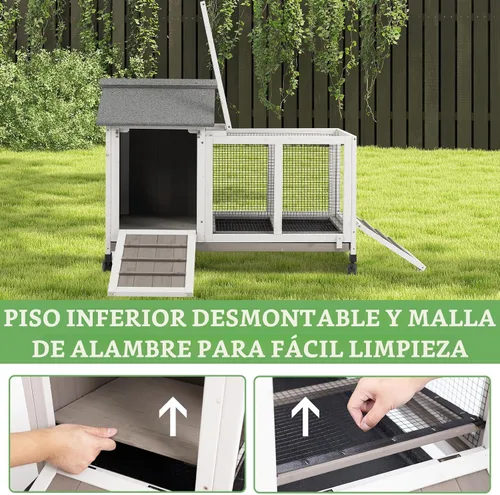 Vista 5 de Gowoodhut Conejera de 38.19 pulgadas de largo para interiores y exteriores con 4 ruedas, jaula de madera para conejo con bandeja extraíble a prueba