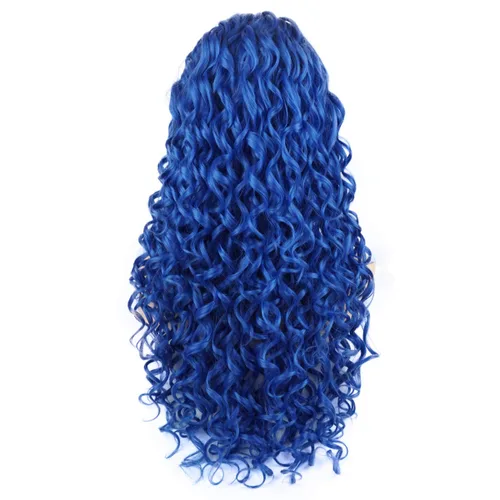 Vista 4 de Pelo rizado largo 26 pulgadas azul medio atado a mano realista densidad densidad sintético encaje frente pelucas
