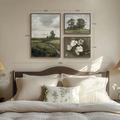 Vista 2 de 3 piezas de arte de pared en lienzo con marco vintage, gran impresión de granja de paisaje floral verde y árbol, obra de arte retro floral francesa