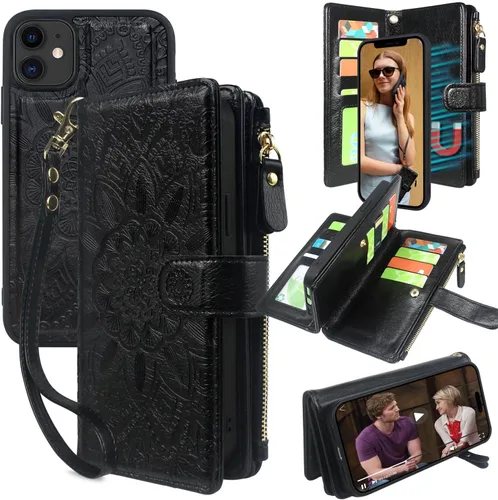 Vista 8 de Harryshell Cartera de cuero con cremallera magnética desmontable con bolsillo para efectivo con ranuras para tarjetas, correa de muñeca para iPhone