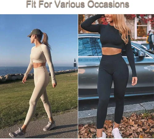 Vista 5 de Conjuntos de entrenamiento para mujer, 2 piezas, manga larga, sin costuras, ropa de gimnasio