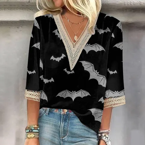 Vista 2 de Halloween Shirts for Women 34 Length Sleeve Womens Tops Pumpkin Shirt Trendy V Neck Casual Loose Fit Tunic T-Shirts