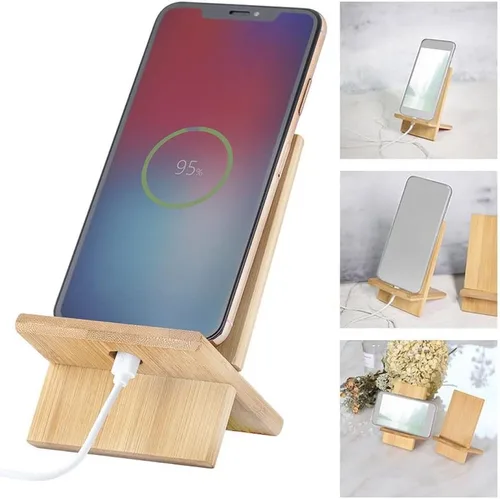 Vista 8 de Soporte de bambú para teléfono celular con orificio de carga, soporte de madera desmontable para teléfono móvil para escritorio, soporte de tableta