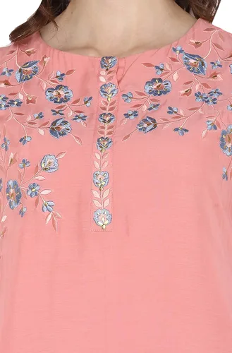 Vista 6 de Janasya Kurta de muselina de poli rosa para mujer india con Palazzo y Dupatta