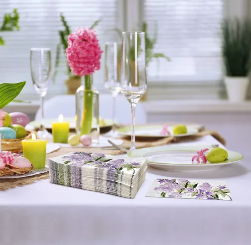 Vista 5 de 100 servilletas para invitados, diseño floral morado, 3 capas, desechables, papel lila, toallas de mano elegantes, decoración de flores