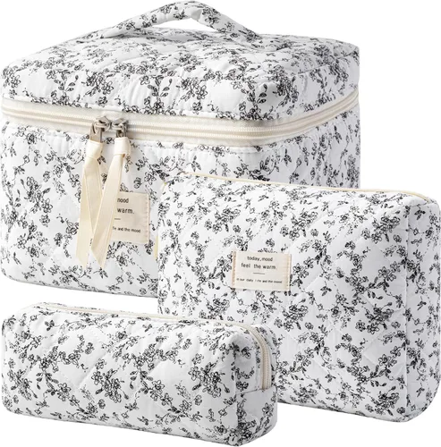 Vista 25 de HBselect Bolsa de Maquillaje Acolchada, 3 Piezas de Gran Bolsa de Maquillaje de Viaje de Algodón, Linda Bolsa de Maquillaje Floral Coquette, Bolsa