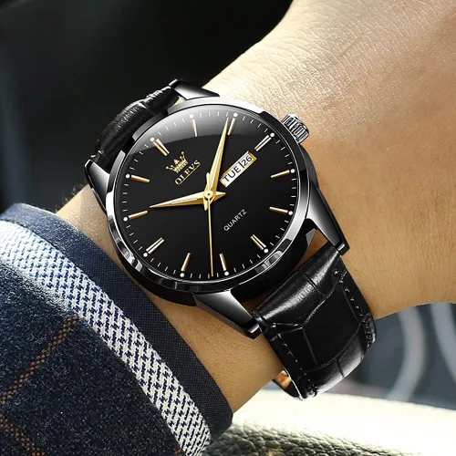 Vista 7 de OLEVS Reloj para hombres cronógrafo marrón cuero oro caso analógico cuarzo moda negocios vestido grande hombres reloj día fecha luminoso impermeable