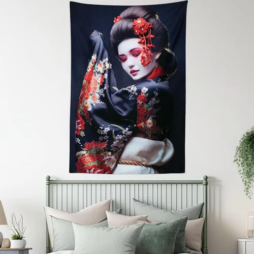 Vista 5 de Lunarable Tapiz japonés, Geisha joven en kimono con maquillaje oriental tradicional de Sakura, decoración de tela para colgar en la pared
