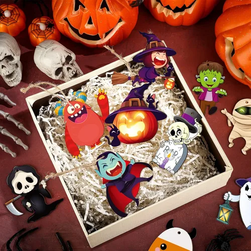 Vista 3 de Gerrii 40 adornos de Halloween de madera para decoración de árbol de Halloween, calabaza, fantasma, bruja, esqueleto, mini adornos colgantes
