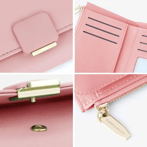 Vista 5 de Cartera pequeña para mujer, tarjetero de piel sintética, bloqueo RFID, con triple pliegue, sobre con cremallera, monedero, rosa ( B - Pink ), Moda