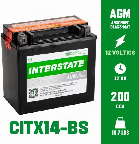 Vista 3 de Baterías interestatales YTX14-BS Powersports batería 12V 12Ah 200CCA AGM