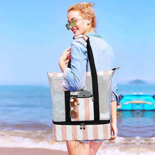 Vista 2 de Bluboon Bolsa de playa de malla con enfriador aislante, bolsas de piscina desmontables para mujer