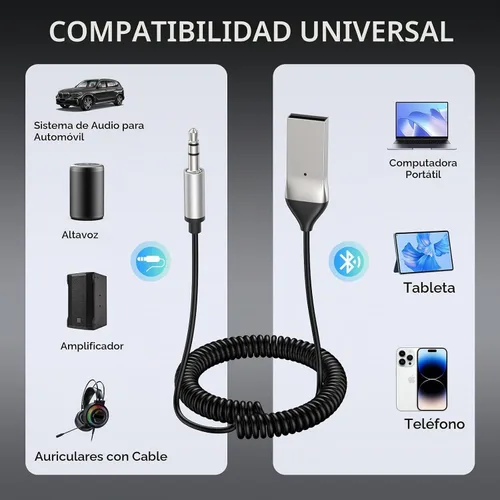 Vista 2 de Meliya Adaptador auxiliar a Bluetooth 5.3 para automóvil, USB 2.0 a 0.138 in Bluetooth receptor Jack Kit con micrófono incorporado entrada auxiliar