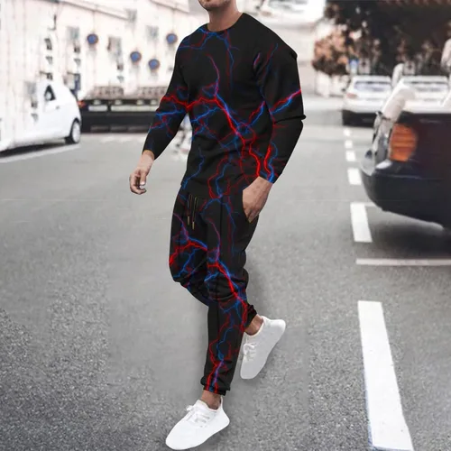 Vista 2 de Muscularfit Conjunto deportivo de 2 piezas para hombre con estampado 3D de otoño y manga larga