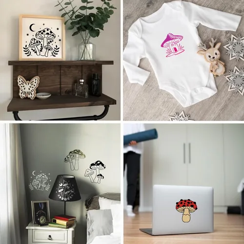 Vista 5 de 20 piezas de plantillas de hongos, plantillas reutilizables de hongos de estilo bohemio, luna y flores para pintar en madera, lienzo, azulejos