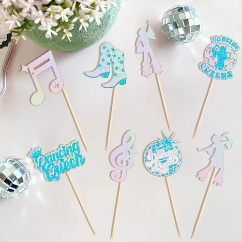 Vista 3 de 24 piezas de decoración de cupcakes de reina bailarina con brillantina, bola de discoteca, notas musicales, cantante, baile, cupcakes, temática