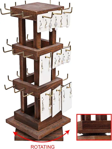 Vista 3 de Ikee Design Torre de joyería giratoria de madera natural con 36 ganchos soporte giratorio para almacenamiento de tarjetas para tienda escaparate