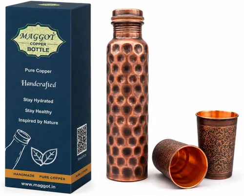 Vista 8 de MAGGOT Copper Water Bottle With 2 Glass Tumbler Ayurvedic Drinking 34 Oz