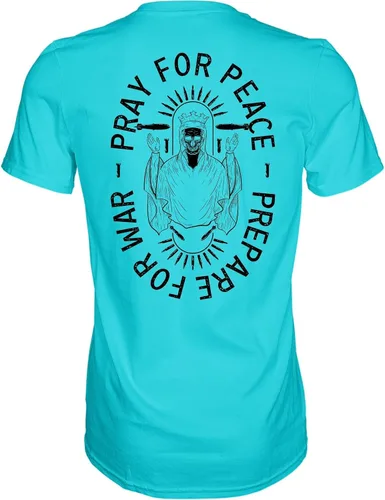 Vista 3 de Combat Iron Camiseta estampada de manga corta para hombre con texto en inglés "Pray for Peace, Prepare for War