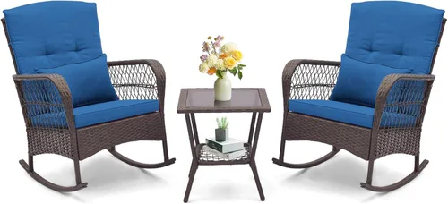 Vista 12 de ORALNER Juego de 3 mecedoras de mimbre para muebles de patio, sillas mecedoras para exteriores con cojines, almohadas, mesa de centro de cristal