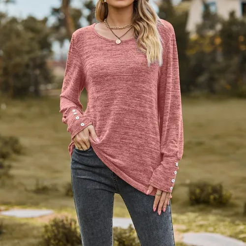 Vista 3 de Camisetas casuales de moda para mujer, con puños con botones, cuello redondo, manga larga, color sólido, camisas elegantes