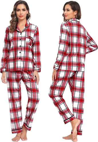Vista 3 de SWOMOG - Conjunto de pijamas navideños familiares a juego, de manga larga, con botones al frente ideal para las festividades.