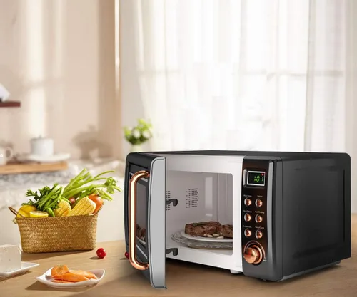 Vista 4 de Horno microondas retro, Safeplus de 0.7 pies cúbicos, microondas de 700 W con placa de acero laminado en frío, 5 micro descongelación y función