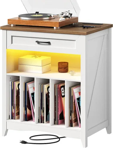 Vista 8 de RALGEND Soporte grande para tocadiscos con estación de carga, armario de almacenamiento de discos de vinilo con cajón y LED, mesa giratoria