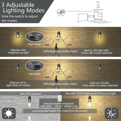 Vista 3 de Luces de pared para exteriores con salida GFCI, luces de porche con sensor de movimiento para casa, 3 modos, accesorio de luz exterior del atardecer