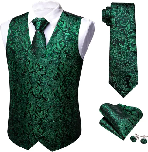 Vista 3 de Barry.Wang Chaleco de traje para hombre formalocio Paisley Jacquard seda corbata bolsillo cuadrado chaleco conjunto boda 5PCS