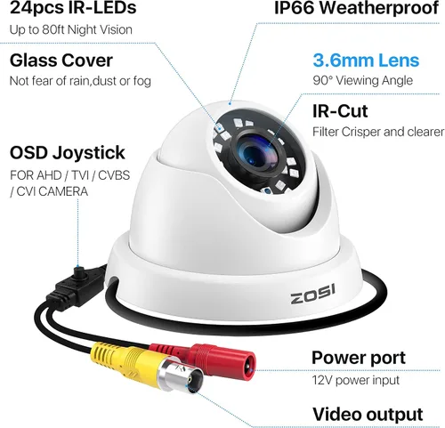 Vista 2 de ZOSI 1080P FULL HD 4-en-1 TVI/CVI/AHD/CVBS Cámara de seguridad 1920TVL Interior al aire libre día noche vigilancia CCTV Cámara domo para HD-TVI