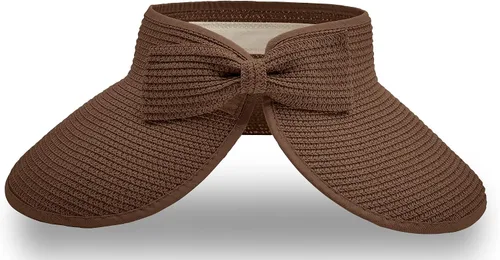 Vista 9 de Visera solar de paja para mujer, ala ancha, protección UPF 50+, sombrero de playa, ajustable, plegable, gorra de cola de caballo con correa
