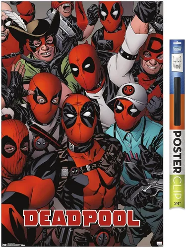 Vista 13 de Marvel Comics Deadpool - Póster de pared con caras, 22.4 pulgadas de largo x 14.7 pulgadas de ancho, versión enmarcada de madera de granero