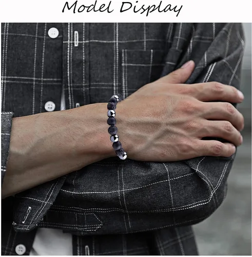 Vista 6 de JEWPARK - Juego de 8 pulseras de cuentas de hematita para hombres y mujeres, pulsera de piedra ajustable con energía curativa de 0.315in, pulsera
