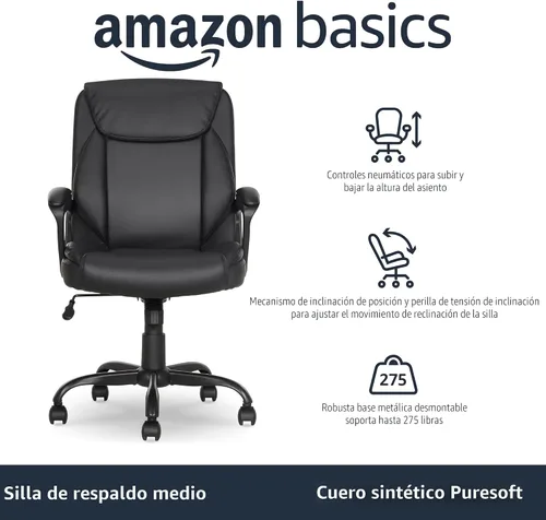 Vista 4 de Amazon Basics Classic Puresoft - Silla de escritorio de oficina acolchada de poliuretano con apoyabrazos, fácil montaje, base de metal resistente
