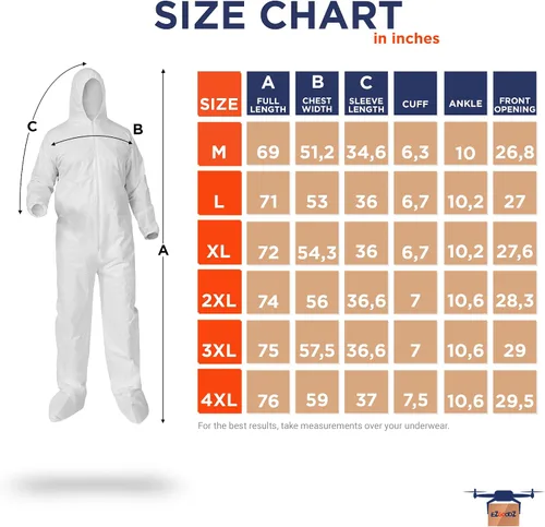 Vista 9 de EZGOODZ Overol desechable con capucha y botas, 2.16 oz/m², color blanco, pequeño, paquete de 5, cremallera frontal, muñecas elásticas y espalda