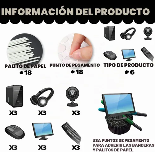 Vista 4 de 18 piezas de equipo electrónico con purpurina para decoración de postre para cupcakes, auriculares para computadora, teclado, ratón, decoraciones