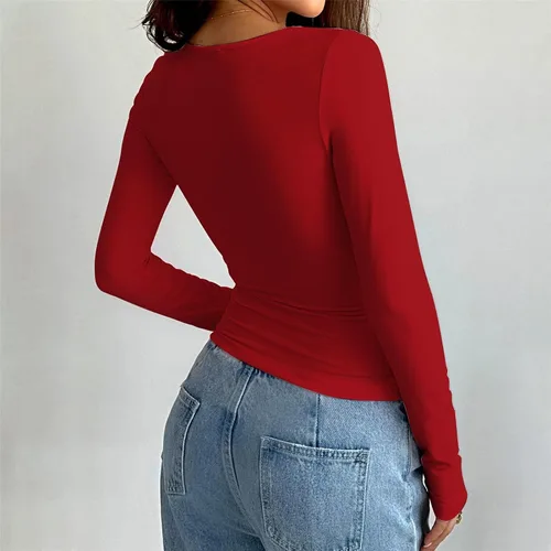 Vista 4 de Camisetas cortas de manga larga con cuello alto para mujer, básicas, ajustadas, para salir, Y2K, ropa de invierno, cuello redondo, camisetas sólidas