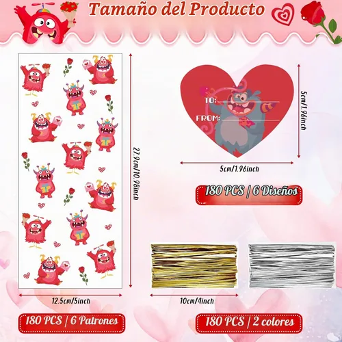 Vista 2 de Funrous 180 bolsas de celofán de San Valentín a granel, bolsas de plástico para el día de San Valentín con etiqueta de corazón y lazos para niños