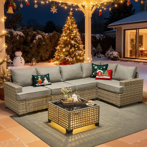 Vista 76 de HOOOWOOO Juego de muebles seccionales de patio con mesa de luz solar, 6 piezas de mimbre para exteriores, sofá en forma de L, juego de conversación