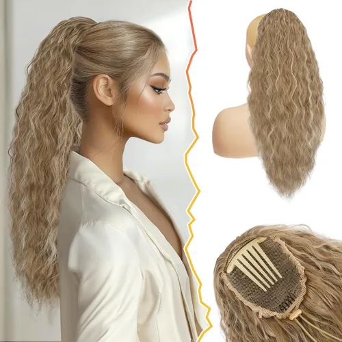 Vista 13 de BARSDAR Extensión de cola de caballo rizada ondulada con cordón negro marrón – 22 pulgadas de extensión de cabello sintético con peine de clip