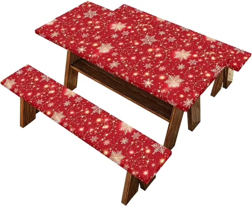 Vista 42 de Juego de 3 calcetines de árbol de Navidad de dibujos animados y galletas, funda de mesa de picnic ajustable con funda de banco, manteles Calcetines